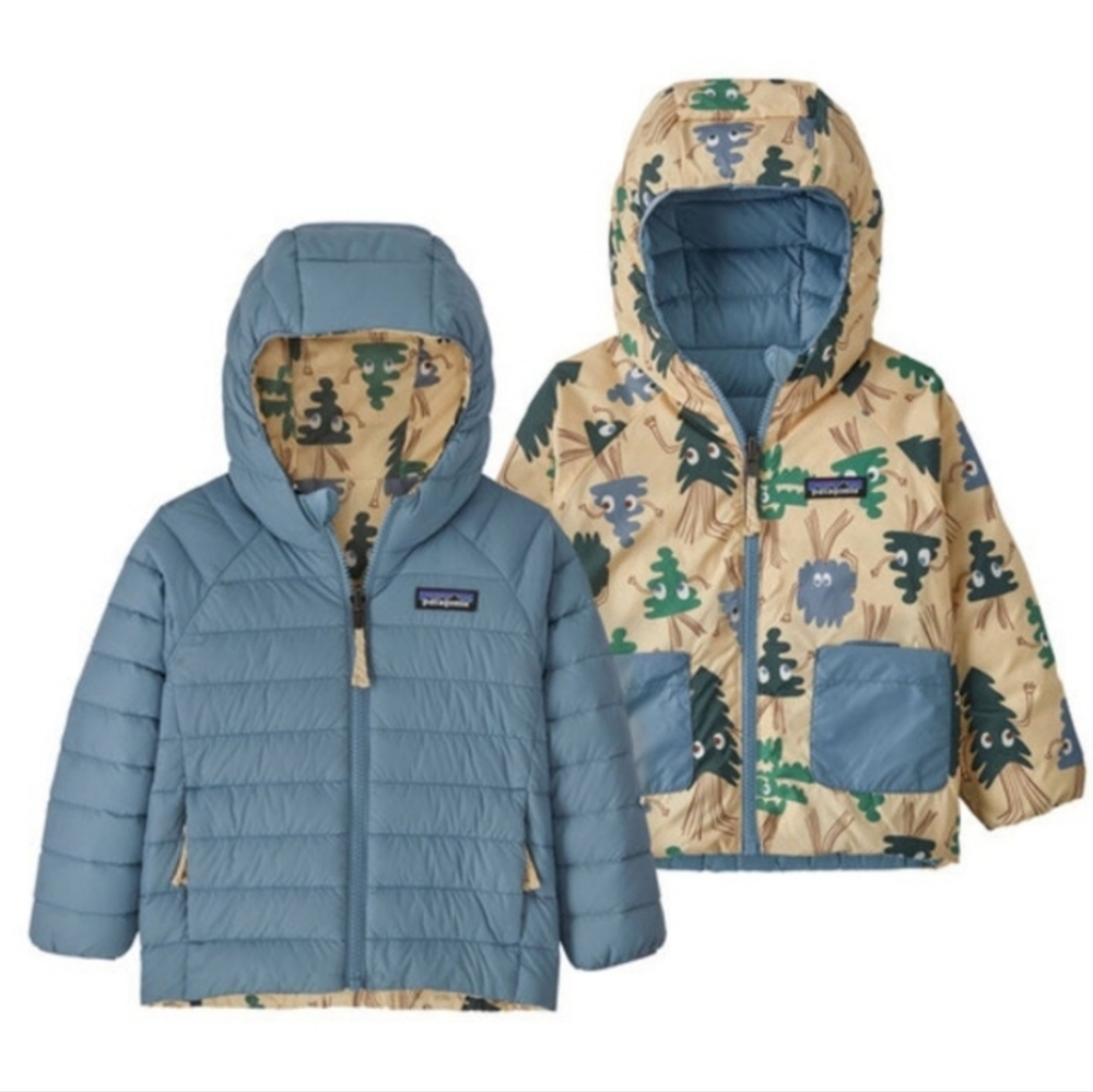 Patagonia Baby Reversible Down Sweater Hoody 5T tree print blue tan